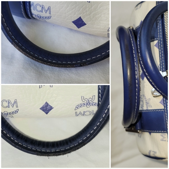 Blue & white MCM Visetos charm Boston Satchel with long crossbody strap & COA - Picture 11 of 13